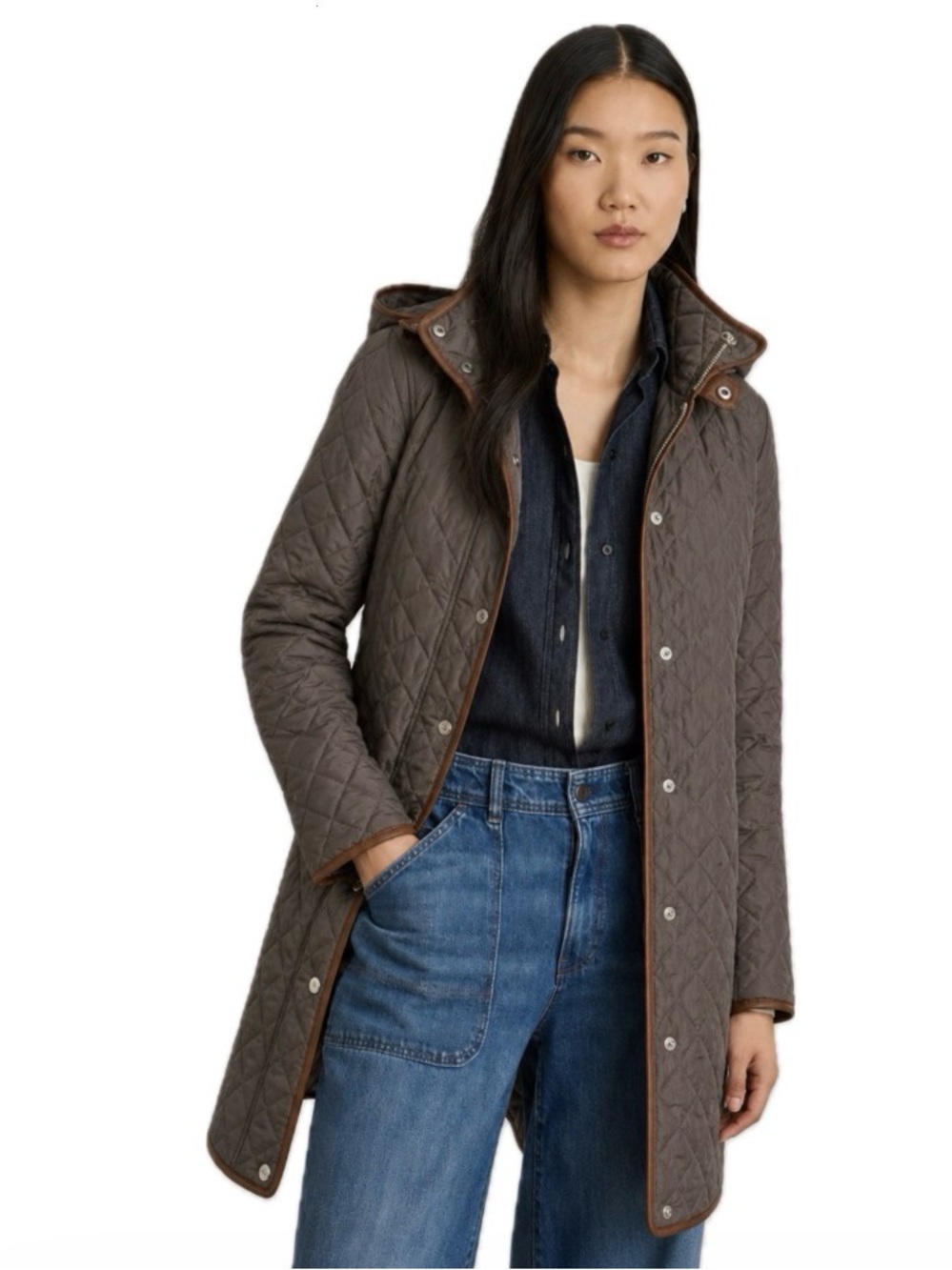 Lauren Ralph Lauren, Quilted Hooded Coat Jacket Taupe, Size L EUC